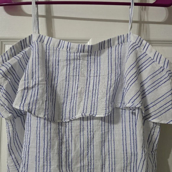 Avec Les Filles Tiered Ruffle Cropped Tank Top, Cotton/Linen Blend, Striped, EUC - Picture 3 of 11
